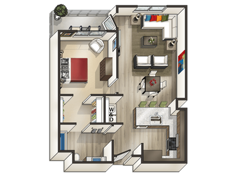 Floor plan for 1 bed, 1 bath, 764 sqft